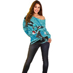 Port Adelaide Australian Football Off Shoulder Sweater Power Hero Mascot With Indigenous Pattern Art