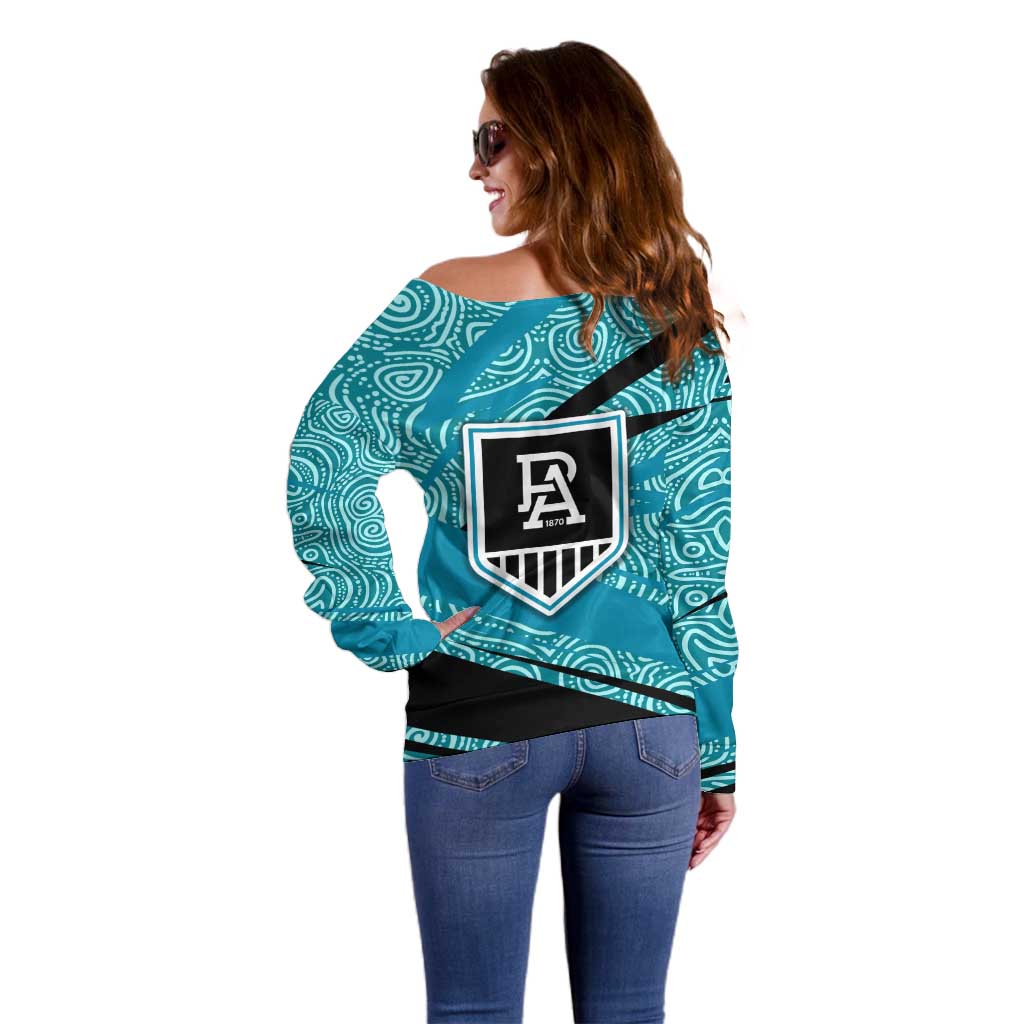 Port Adelaide Australian Football Off Shoulder Sweater Power Hero Mascot With Indigenous Pattern Art