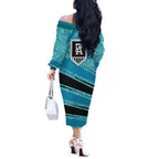 Port Adelaide Australian Football Off The Shoulder Long Sleeve Dress Power Hero Mascot With Indigenous Pattern Art