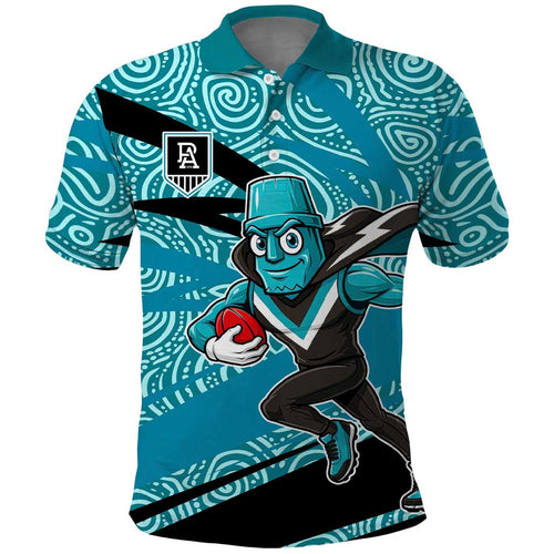 Port Adelaide Australian Football Polo Shirt Power Hero Mascot With Indigenous Pattern Art