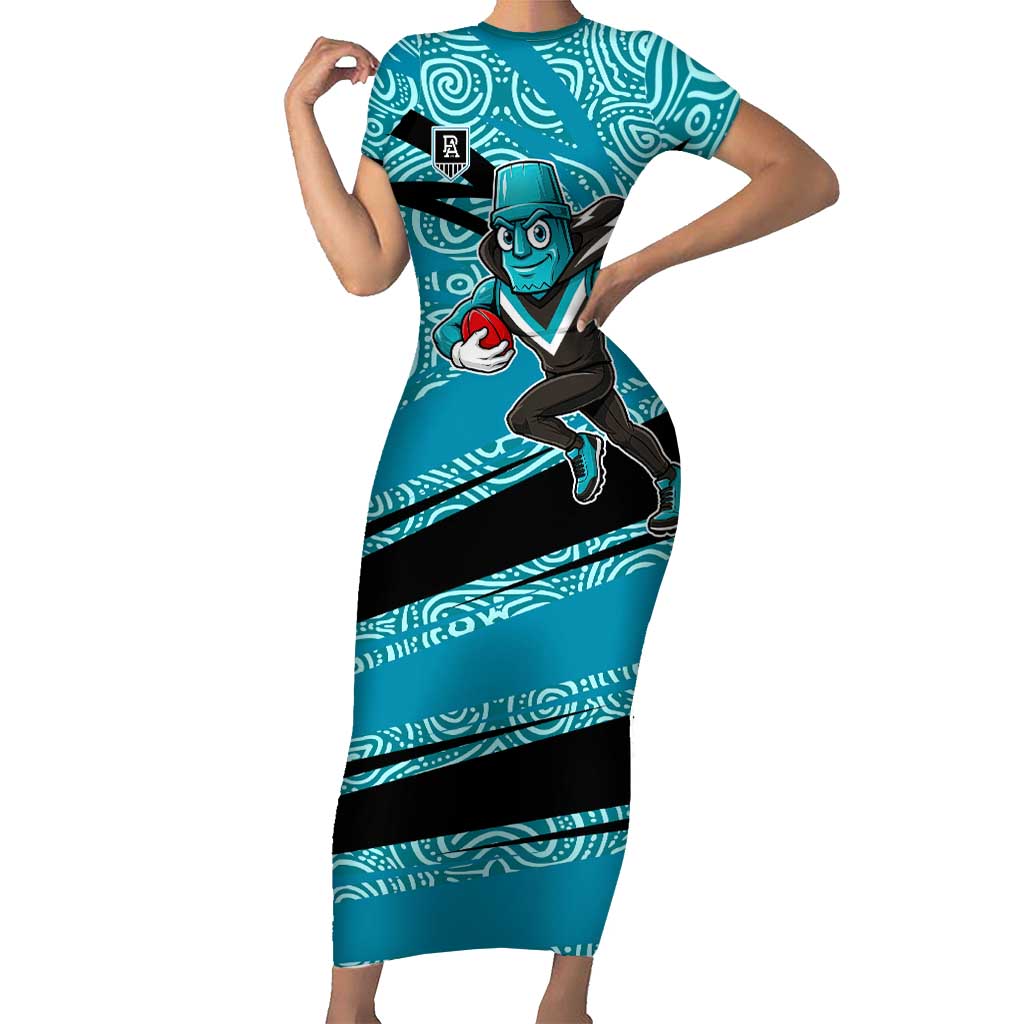 Port Adelaide Australian Football Short Sleeve Bodycon Dress Power Hero Mascot With Indigenous Pattern Art
