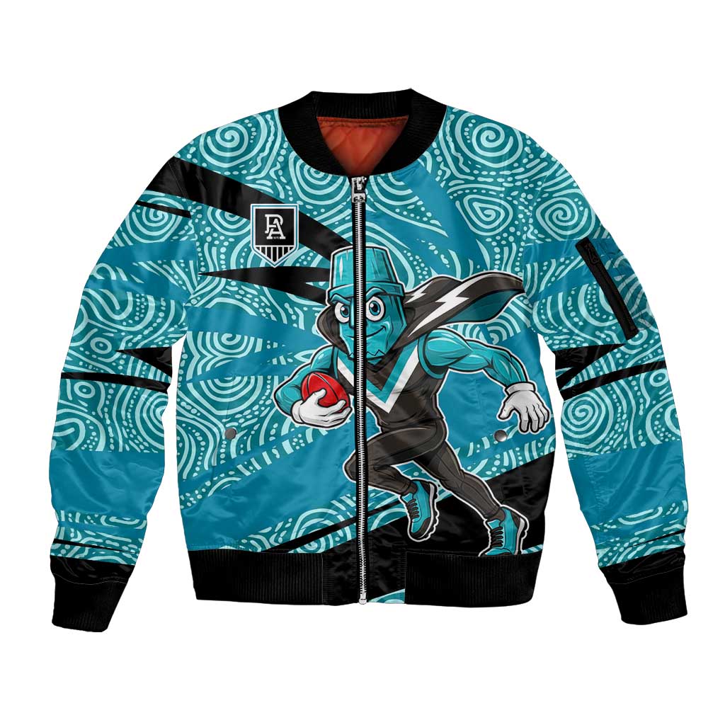Port Adelaide Australian Football Sleeve Zip Bomber Jacket Power Hero Mascot With Indigenous Pattern Art