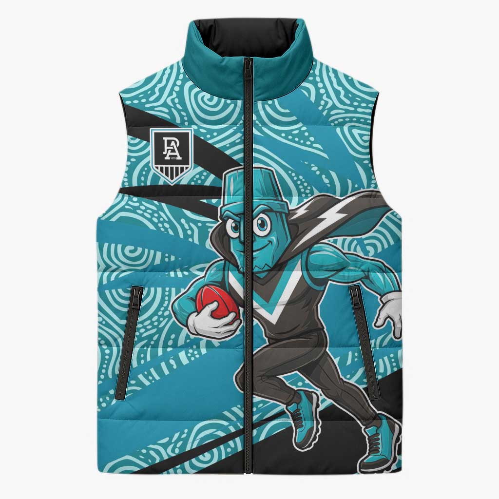 Port Adelaide Australian Football Sleeveless Puffer Jacket Power Hero Mascot With Indigenous Pattern Art