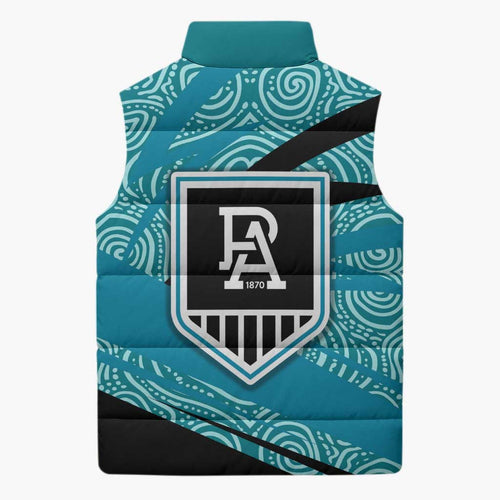 Port Adelaide Australian Football Sleeveless Puffer Jacket Power Hero Mascot With Indigenous Pattern Art