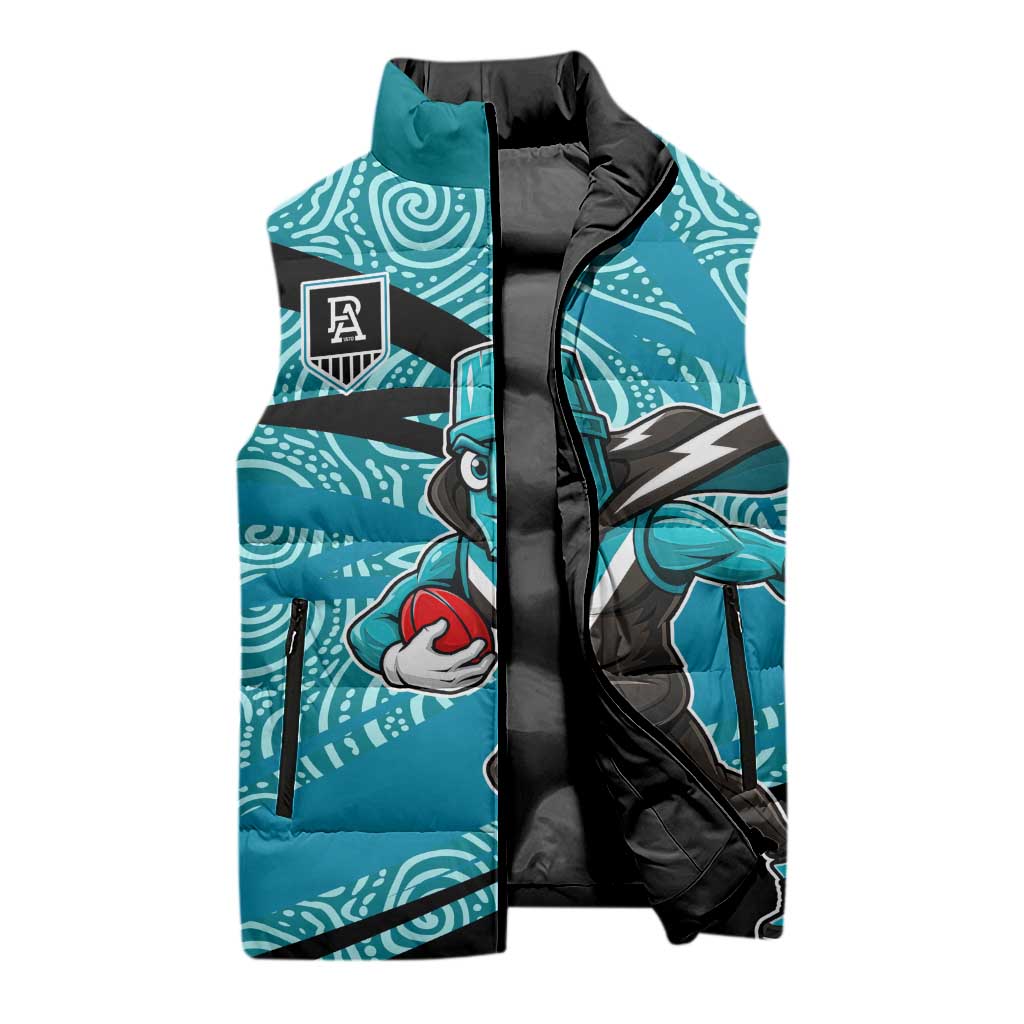 Port Adelaide Australian Football Sleeveless Puffer Jacket Power Hero Mascot With Indigenous Pattern Art
