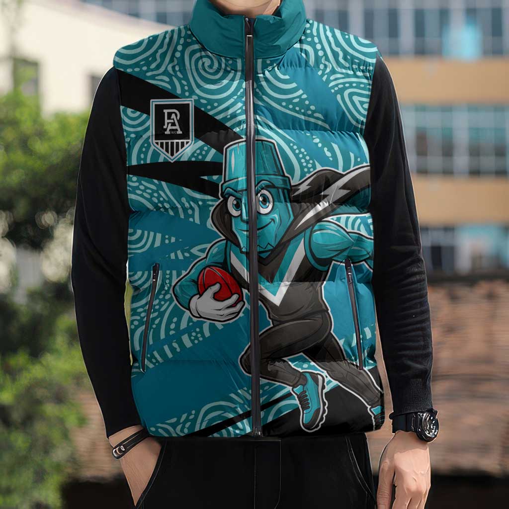 Port Adelaide Australian Football Sleeveless Puffer Jacket Power Hero Mascot With Indigenous Pattern Art