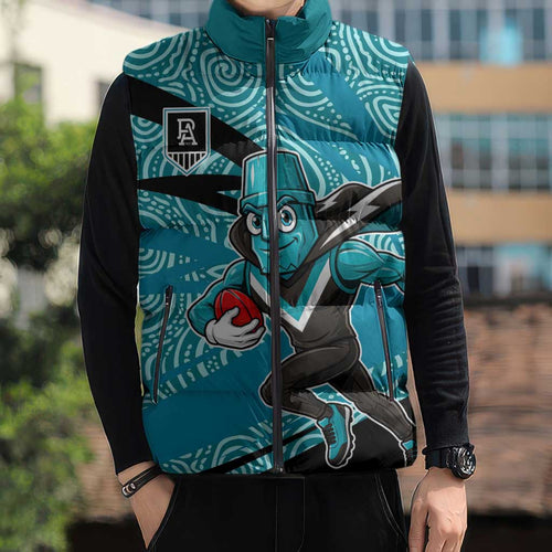 Port Adelaide Australian Football Sleeveless Puffer Jacket Power Hero Mascot With Indigenous Pattern Art