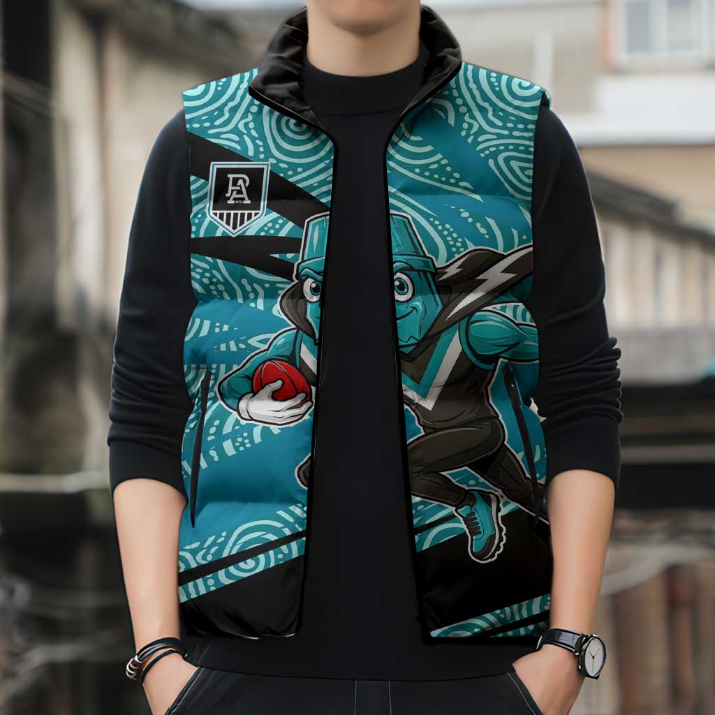 Port Adelaide Australian Football Sleeveless Puffer Jacket Power Hero Mascot With Indigenous Pattern Art