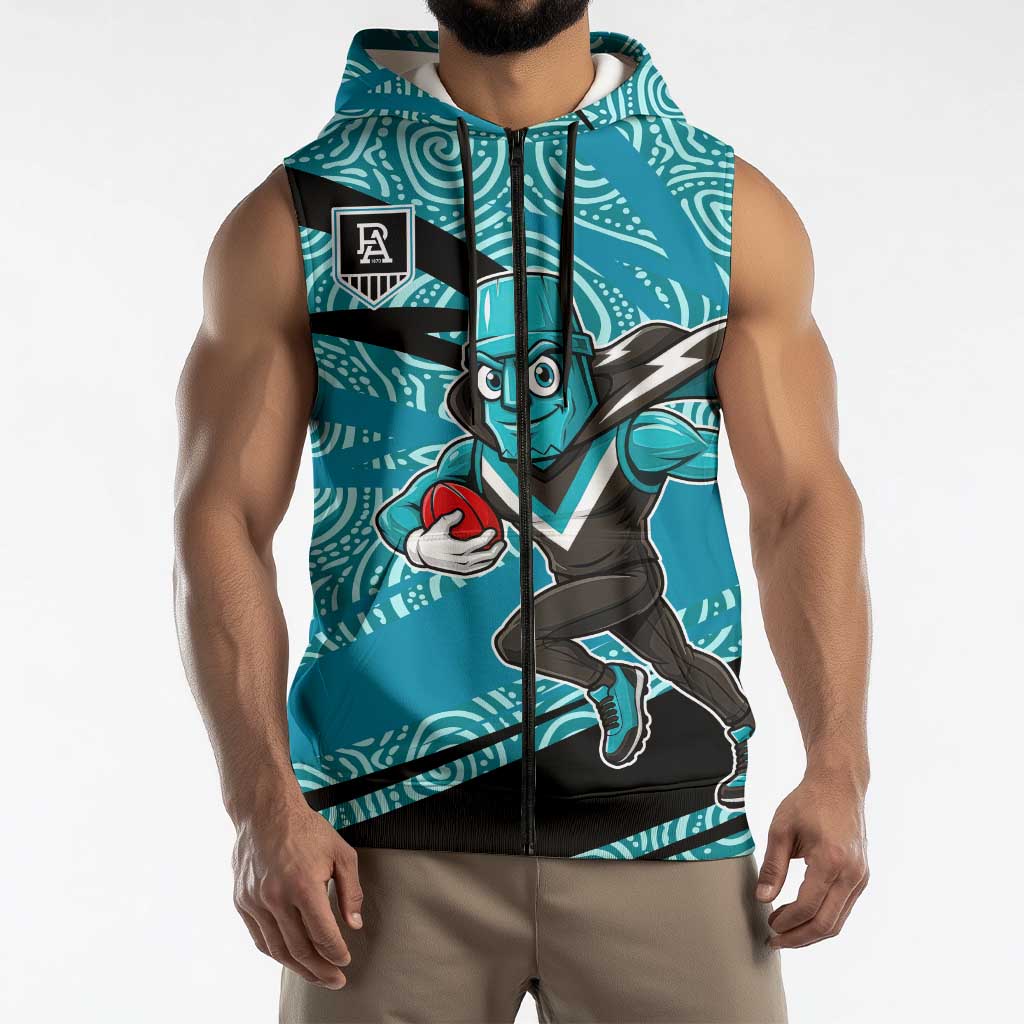 Port Adelaide Australian Football Sleeveless Zip Hoodie Power Hero Mascot With Indigenous Pattern Art