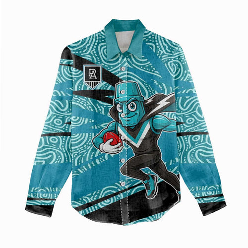 Port Adelaide Australian Football Women Casual Shirt Power Hero Mascot With Indigenous Pattern Art