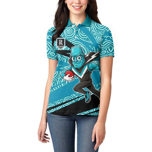 Port Adelaide Australian Football Women Polo Shirt Power Hero Mascot With Indigenous Pattern Art