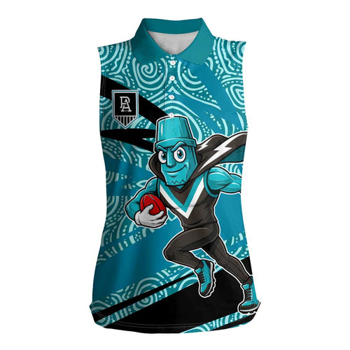 Port Adelaide Australian Football Women Sleeveless Polo Shirt Power Hero Mascot With Indigenous Pattern Art