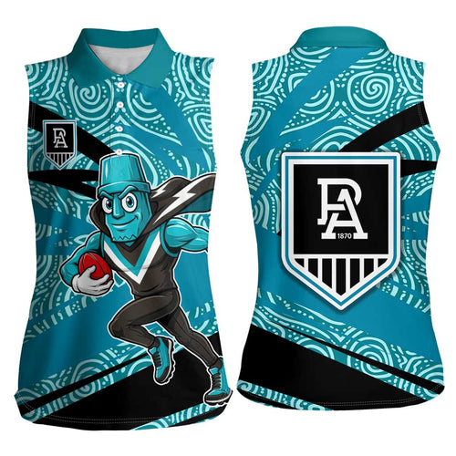 Port Adelaide Australian Football Women Sleeveless Polo Shirt Power Hero Mascot With Indigenous Pattern Art
