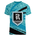 Port Adelaide Australian Football Women V-Neck T-Shirt Power Hero Mascot With Indigenous Pattern Art