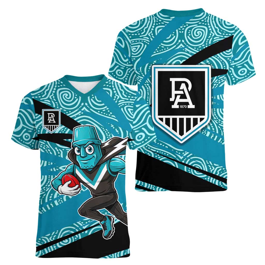 Port Adelaide Australian Football Women V-Neck T-Shirt Power Hero Mascot With Indigenous Pattern Art