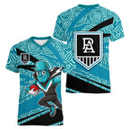 Port Adelaide Australian Football Women V-Neck T-Shirt Power Hero Mascot With Indigenous Pattern Art