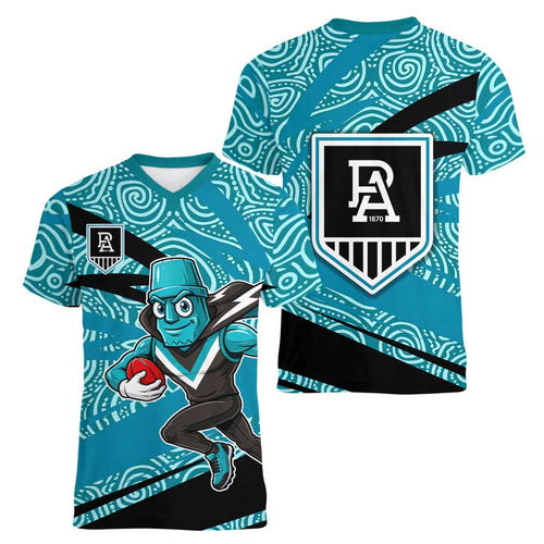 Port Adelaide Australian Football Women V-Neck T-Shirt Power Hero Mascot With Indigenous Pattern Art
