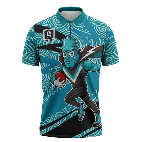 Port Adelaide Australian Football Zipper Polo Shirt Power Hero Mascot With Indigenous Pattern Art