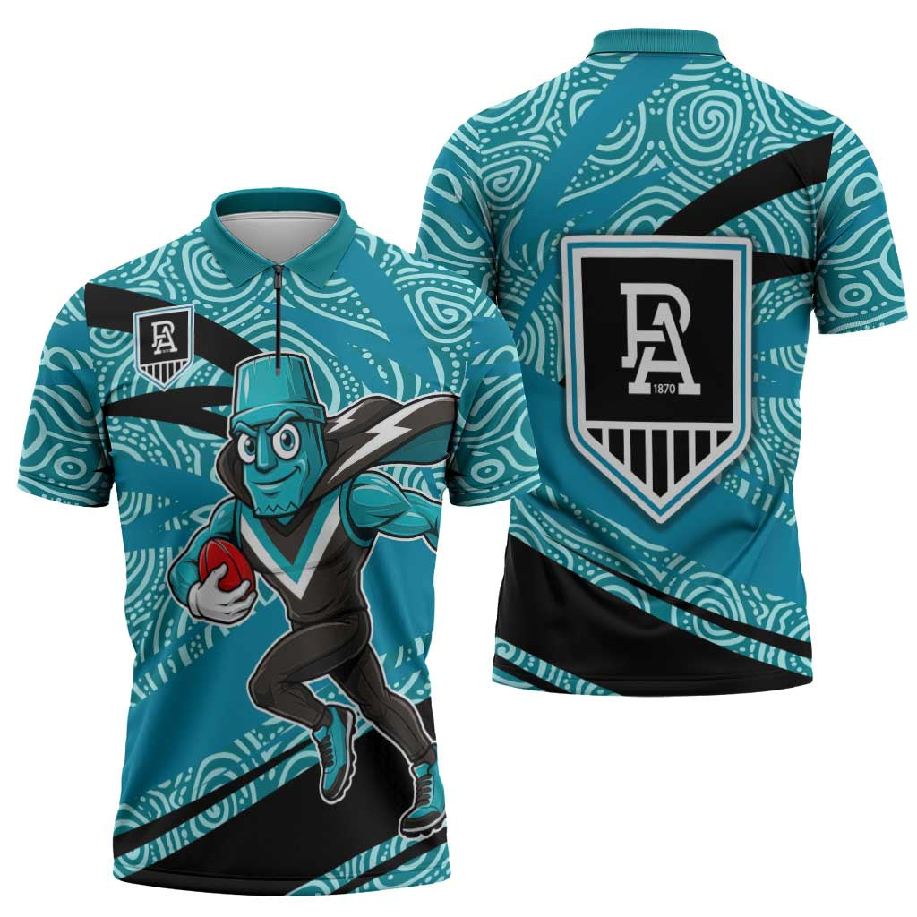 Port Adelaide Australian Football Zipper Polo Shirt Power Hero Mascot With Indigenous Pattern Art