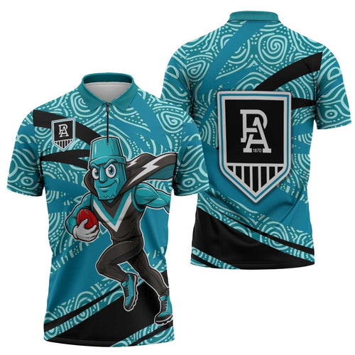 Port Adelaide Australian Football Zipper Polo Shirt Power Hero Mascot With Indigenous Pattern Art