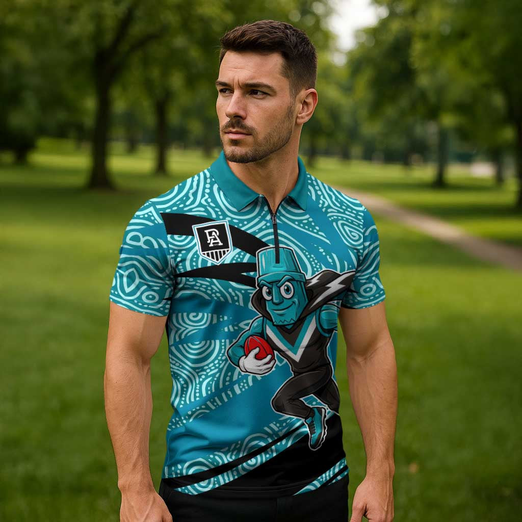 Port Adelaide Australian Football Zipper Polo Shirt Power Hero Mascot With Indigenous Pattern Art
