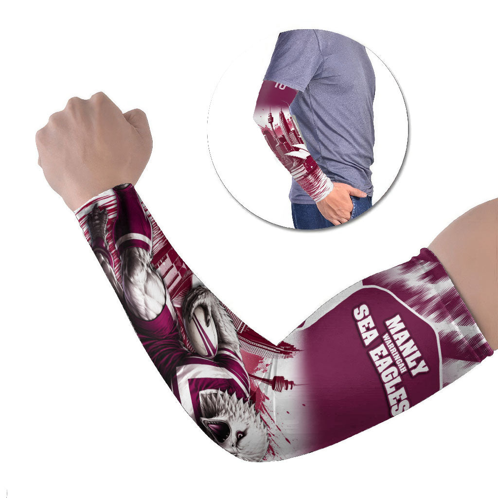 Personalised Sea Eagles Rugby Arm Sleeves Eagle Mascot Sydney Skyline 3D Graphic