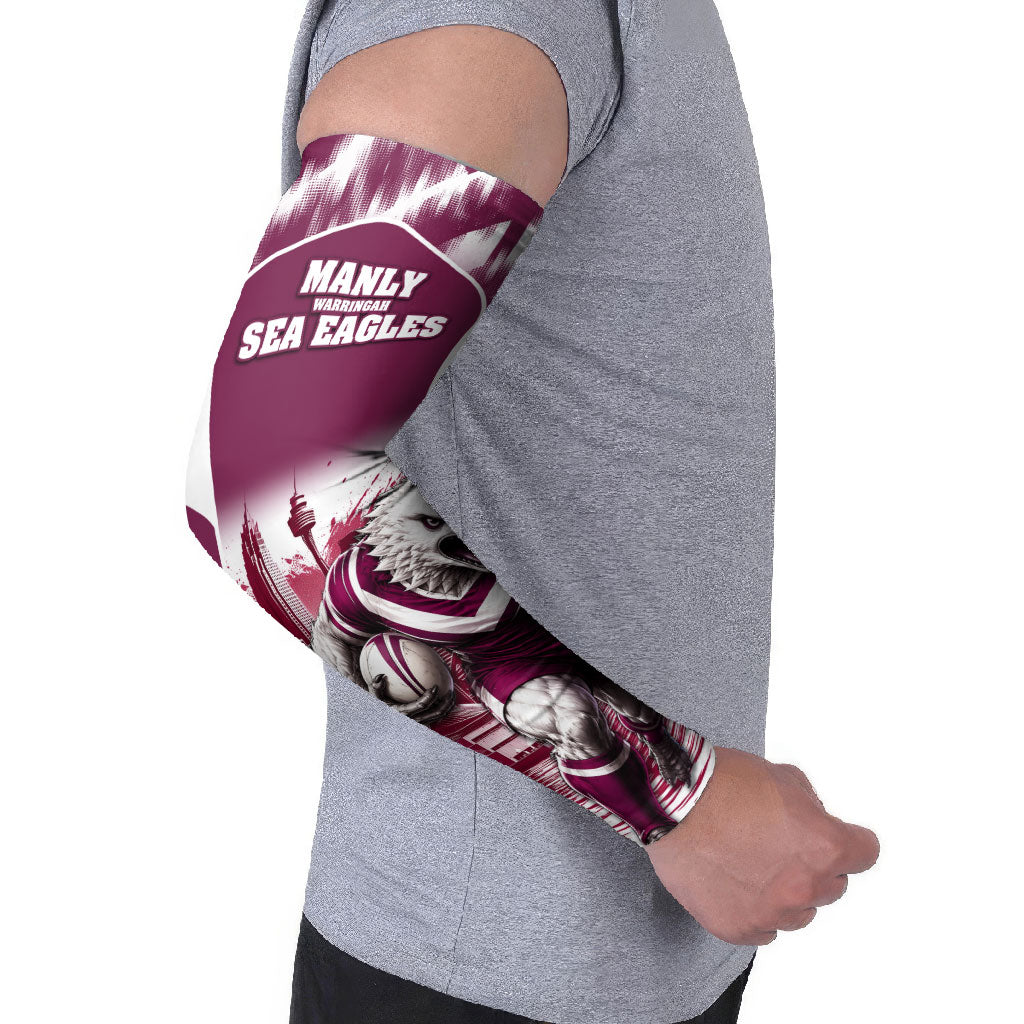 Personalised Sea Eagles Rugby Arm Sleeves Eagle Mascot Sydney Skyline 3D Graphic