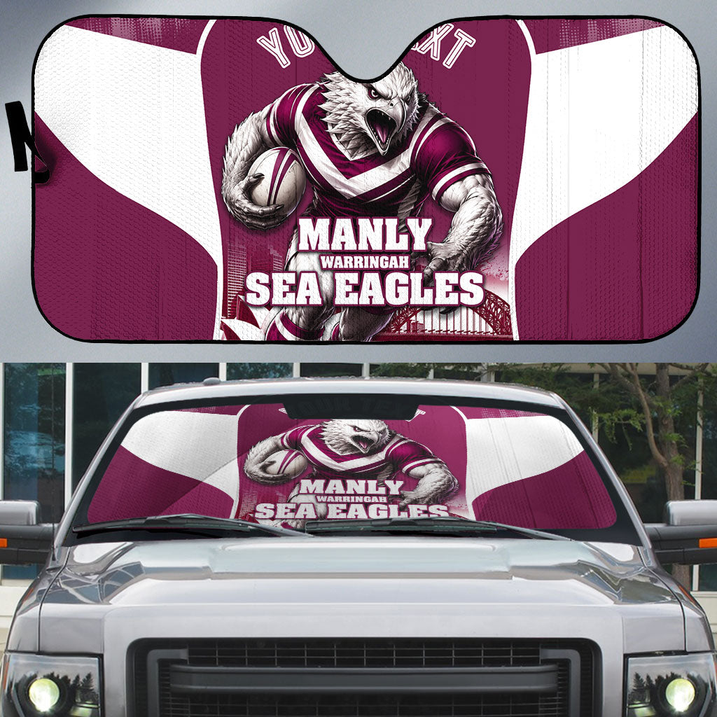 Personalised Sea Eagles Rugby Auto Sun Shade Eagle Mascot Sydney Skyline 3D Graphic