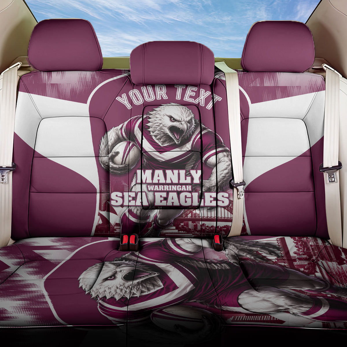 Personalised Sea Eagles Rugby Back Car Seat Cover Eagle Mascot Sydney Skyline 3D Graphic