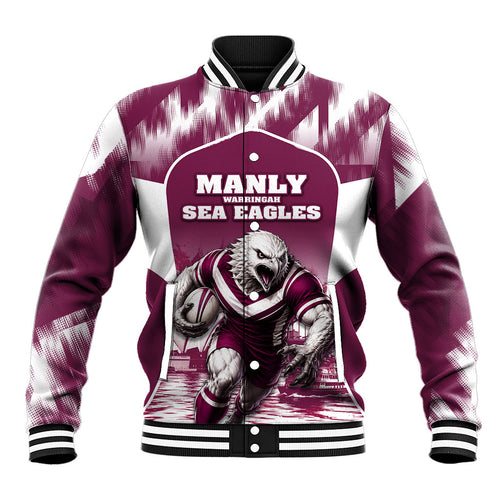 Personalised Sea Eagles Rugby Baseball Jacket Eagle Mascot Sydney Skyline 3D Graphic