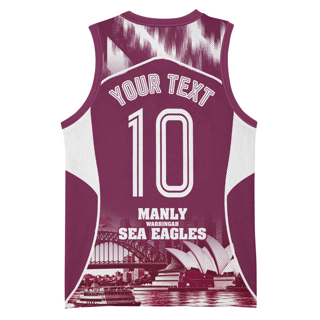 Personalised Sea Eagles Rugby Basketball Jersey Eagle Mascot Sydney Skyline 3D Graphic