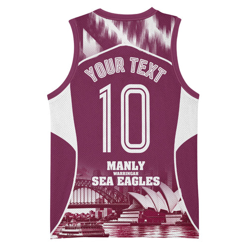 Personalised Sea Eagles Rugby Basketball Jersey Eagle Mascot Sydney Skyline 3D Graphic
