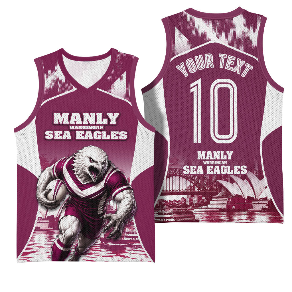 Personalised Sea Eagles Rugby Basketball Jersey Eagle Mascot Sydney Skyline 3D Graphic