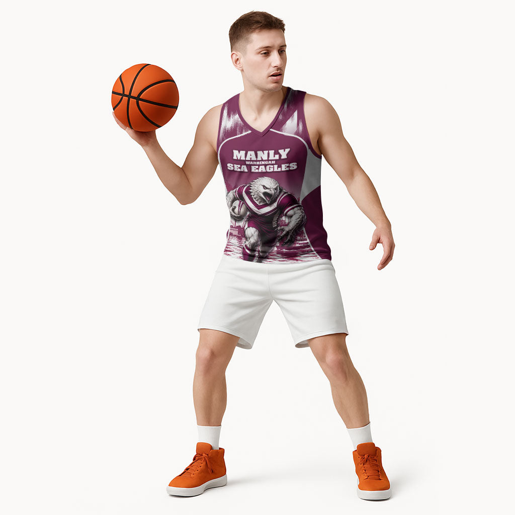 Personalised Sea Eagles Rugby Basketball Jersey Eagle Mascot Sydney Skyline 3D Graphic