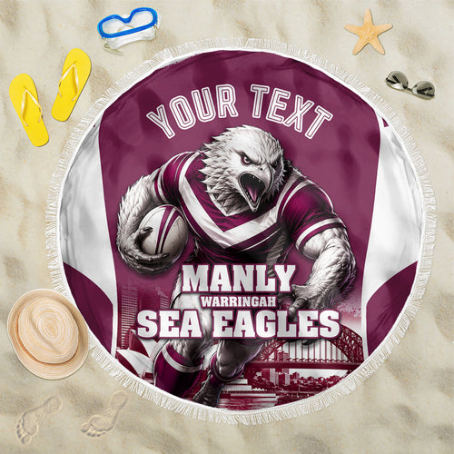 Personalised Sea Eagles Rugby Beach Blanket Eagle Mascot Sydney Skyline 3D Graphic