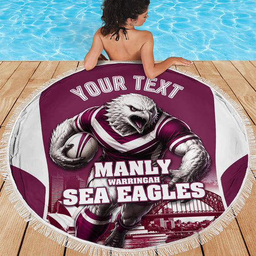 Personalised Sea Eagles Rugby Beach Blanket Eagle Mascot Sydney Skyline 3D Graphic