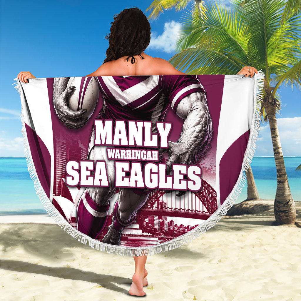 Personalised Sea Eagles Rugby Beach Blanket Eagle Mascot Sydney Skyline 3D Graphic