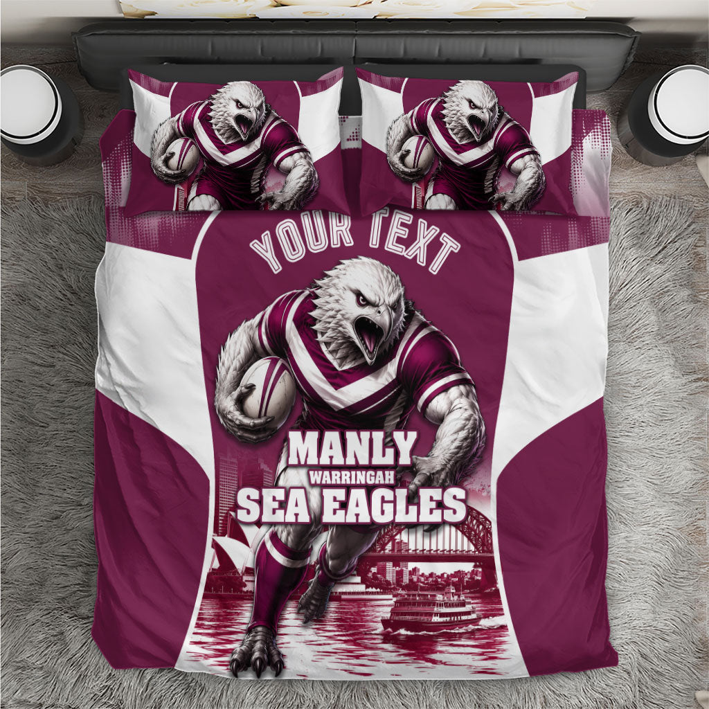 Personalised Sea Eagles Rugby Bedding Set Eagle Mascot Sydney Skyline 3D Graphic