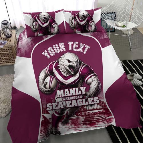 Personalised Sea Eagles Rugby Bedding Set Eagle Mascot Sydney Skyline 3D Graphic