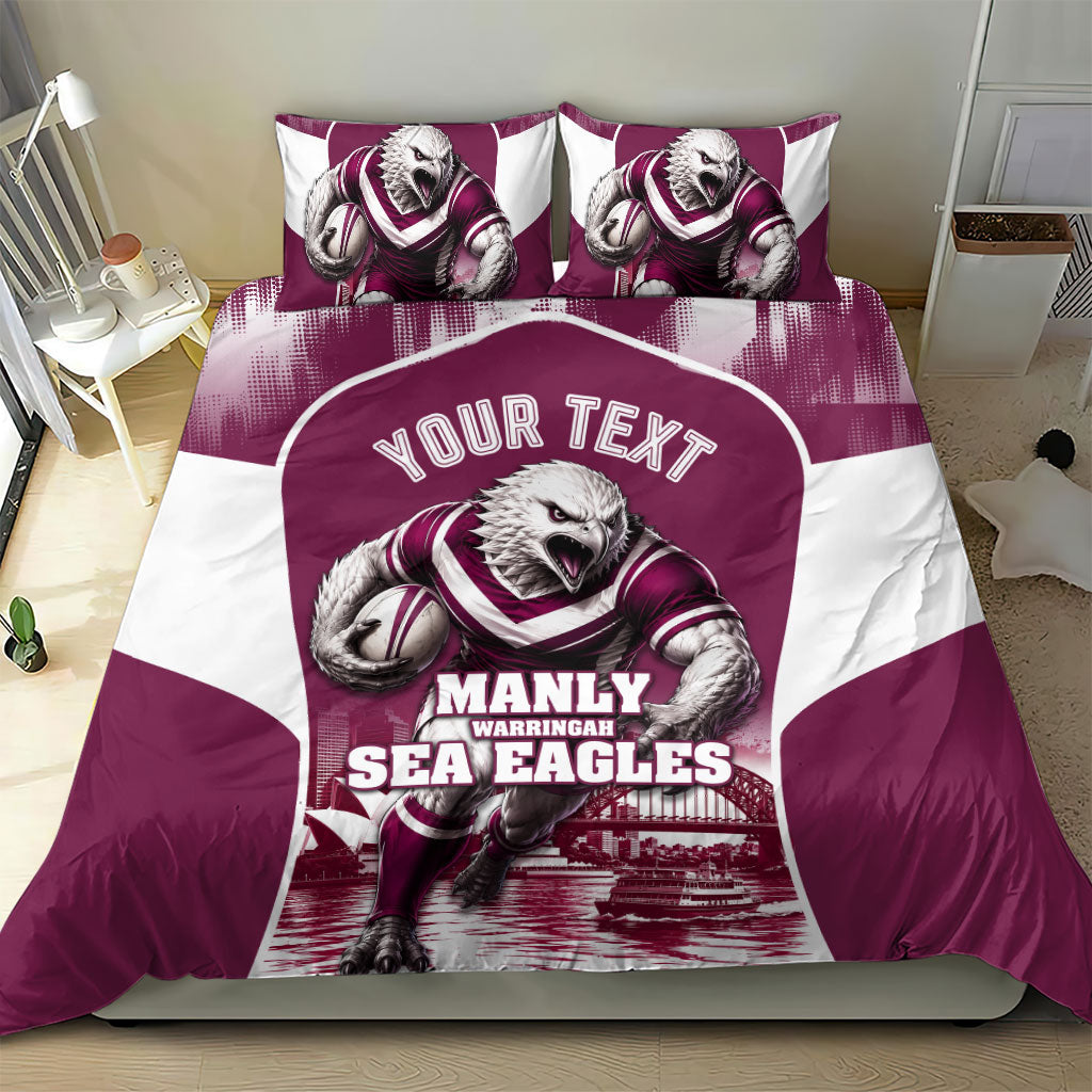 Personalised Sea Eagles Rugby Bedding Set Eagle Mascot Sydney Skyline 3D Graphic