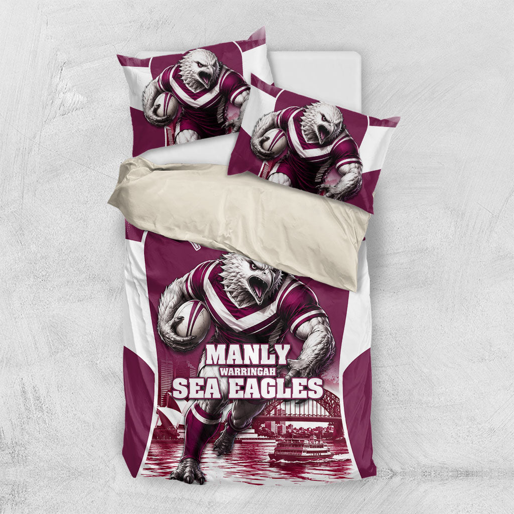 Personalised Sea Eagles Rugby Bedding Set Eagle Mascot Sydney Skyline 3D Graphic