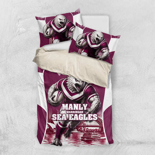 Personalised Sea Eagles Rugby Bedding Set Eagle Mascot Sydney Skyline 3D Graphic