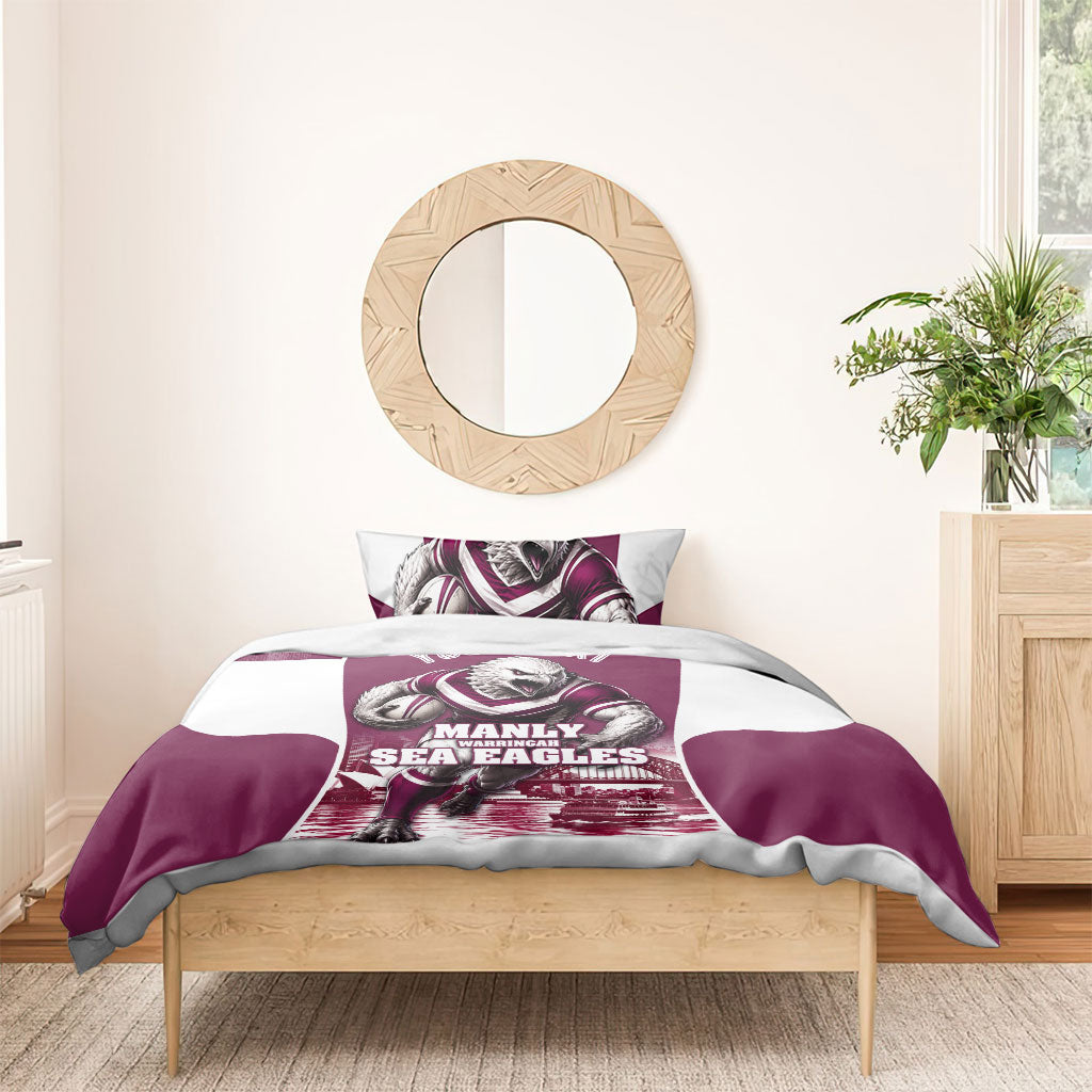 Personalised Sea Eagles Rugby Bedding Set Eagle Mascot Sydney Skyline 3D Graphic