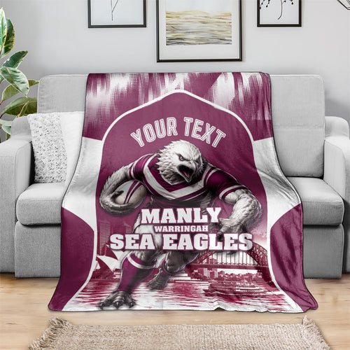 Personalised Sea Eagles Rugby Blanket Eagle Mascot Sydney Skyline 3D Graphic
