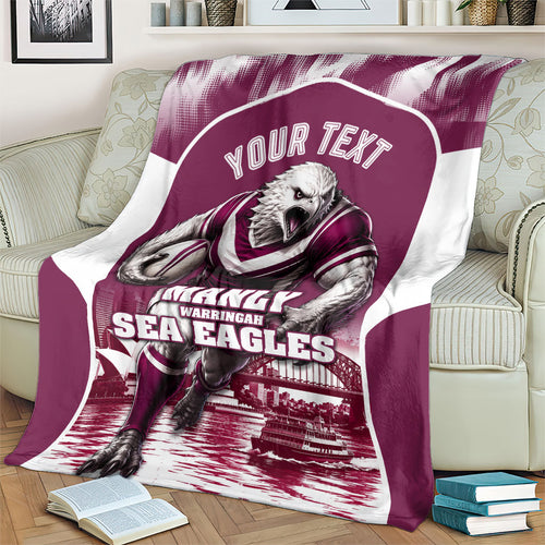 Personalised Sea Eagles Rugby Blanket Eagle Mascot Sydney Skyline 3D Graphic
