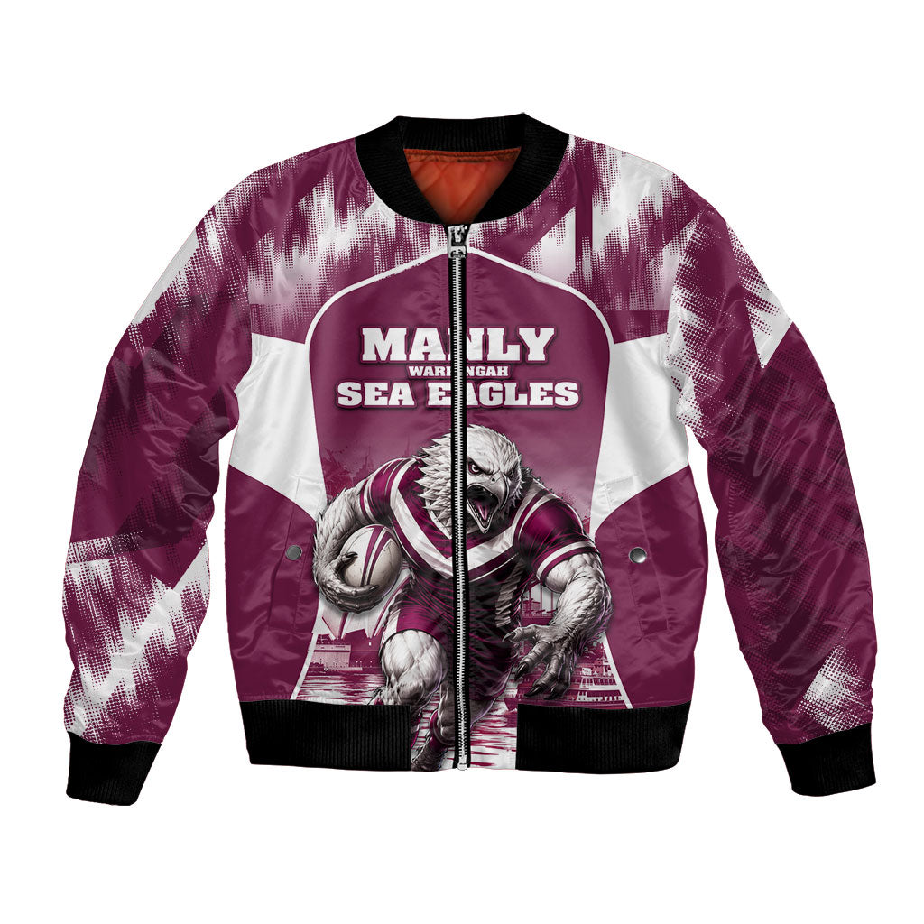 Personalised Sea Eagles Rugby Bomber Jacket Eagle Mascot Sydney Skyline 3D Graphic