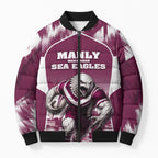 Personalised Sea Eagles Rugby Bomber Puffer Jacket Eagle Mascot Sydney Skyline 3D Graphic