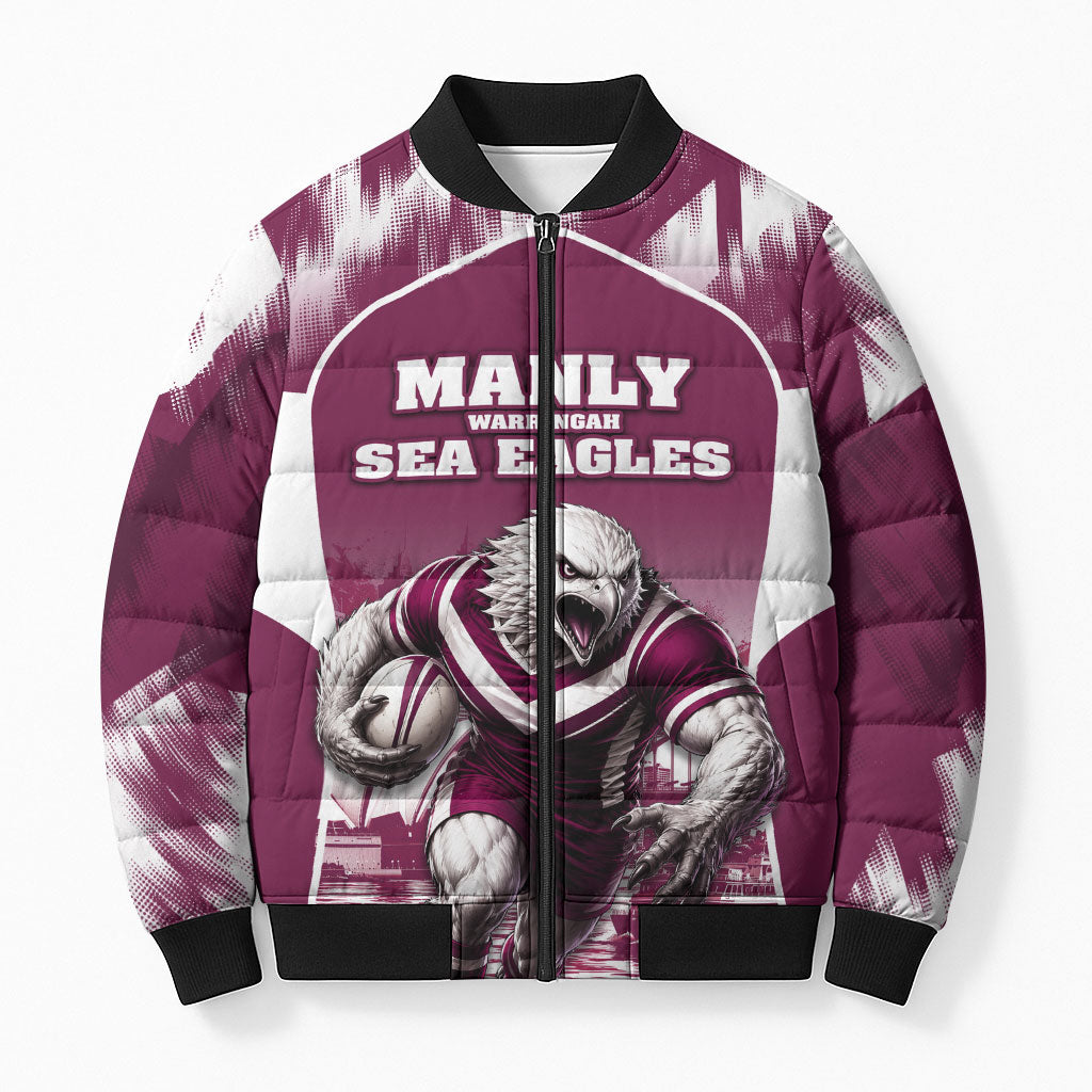 Personalised Sea Eagles Rugby Bomber Puffer Jacket Eagle Mascot Sydney Skyline 3D Graphic
