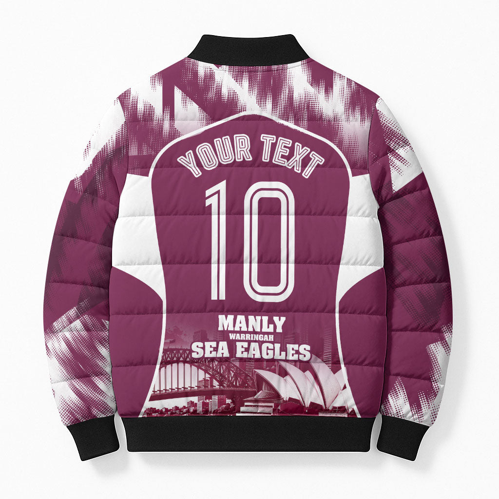 Personalised Sea Eagles Rugby Bomber Puffer Jacket Eagle Mascot Sydney Skyline 3D Graphic