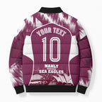 Personalised Sea Eagles Rugby Bomber Puffer Jacket Eagle Mascot Sydney Skyline 3D Graphic